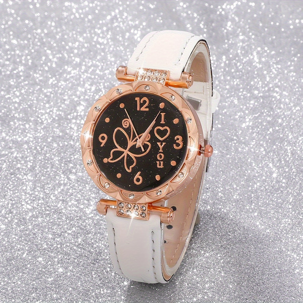 Women's Butterfly Quartz Watch and Jewelry Set with Faux Leather Strap and Zinc Alloy Case