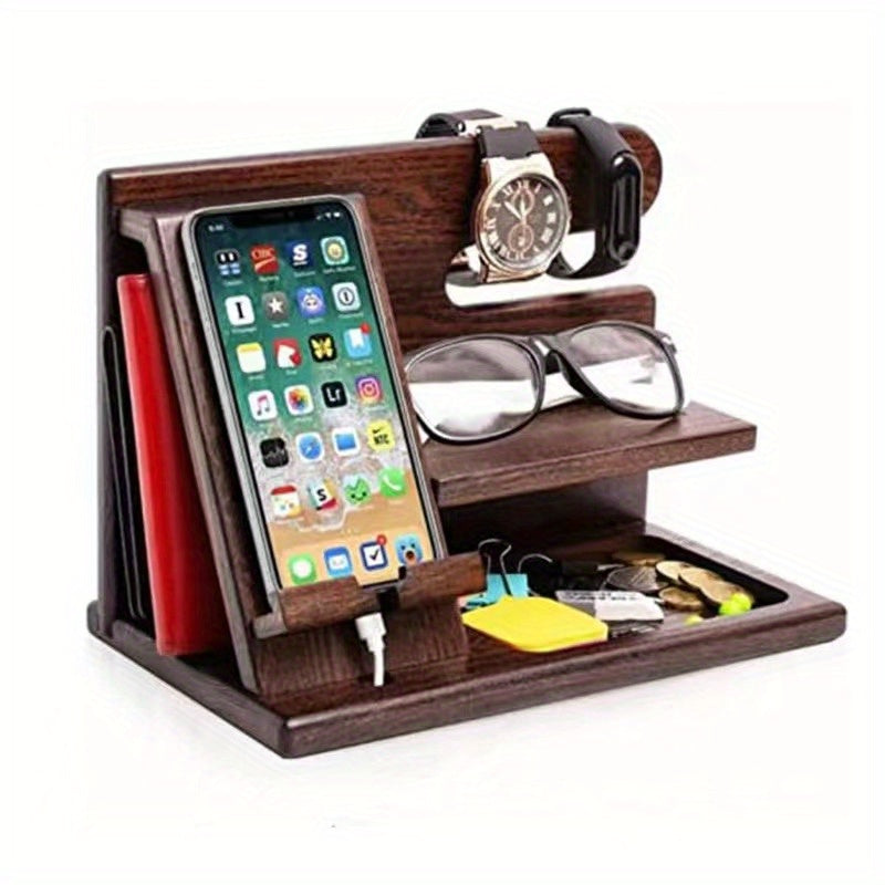 Organizador de accesorios de madera para teléfono para iPhone y dispositivos, almacenamiento ligero para cajón de escritorio