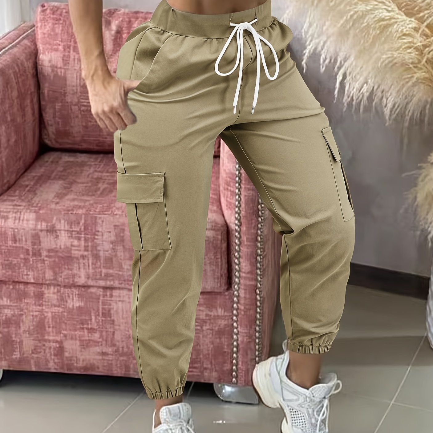 Women's Casual Cargo Pants Polyester Drawstring Waist Solid Color All-Season