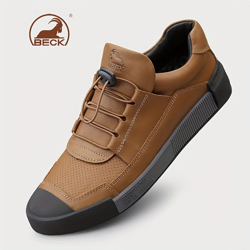 Men's Leather Sneakers with Striped Lace-Up Design, Rubber Sole, Breathable Fabric Inner