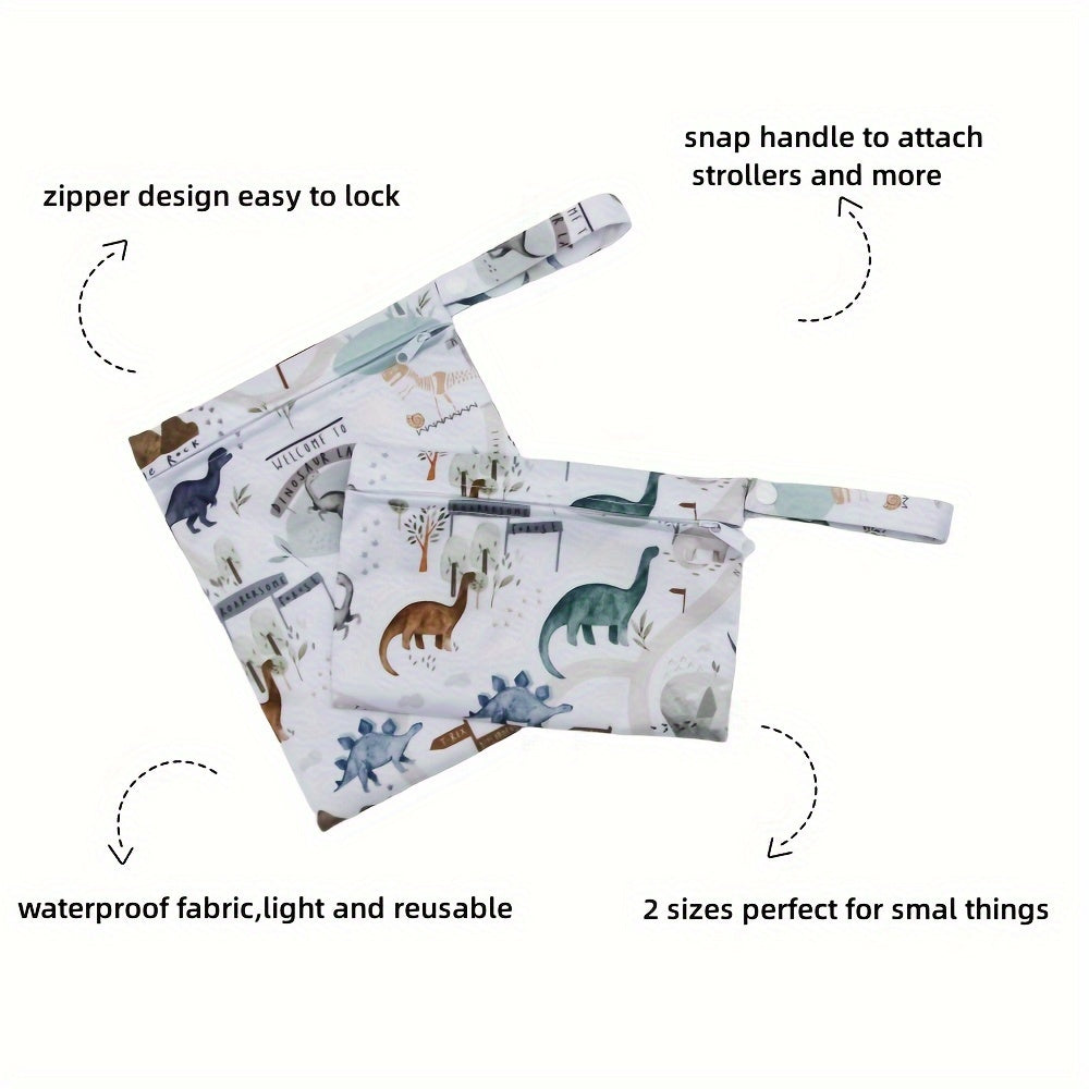 Set of 2 Dinosaur Print Waterproof Reusable Diaper and Wet Dry Bags for Baby and Toddler