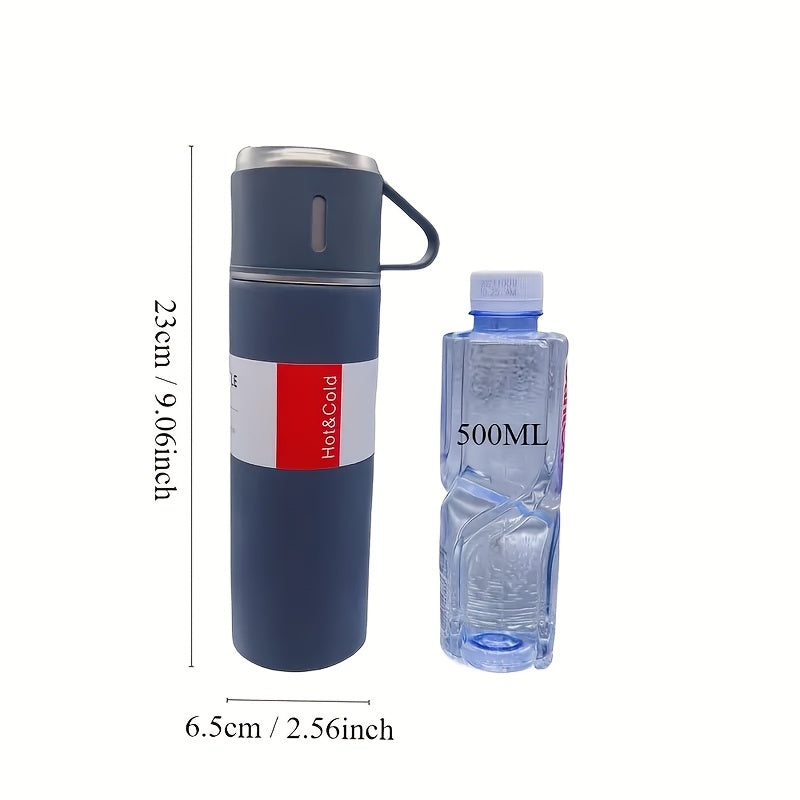 500ml Stainless Steel Vacuum Insulated Flask Set with 2 Cups for Hot Cold Beverages