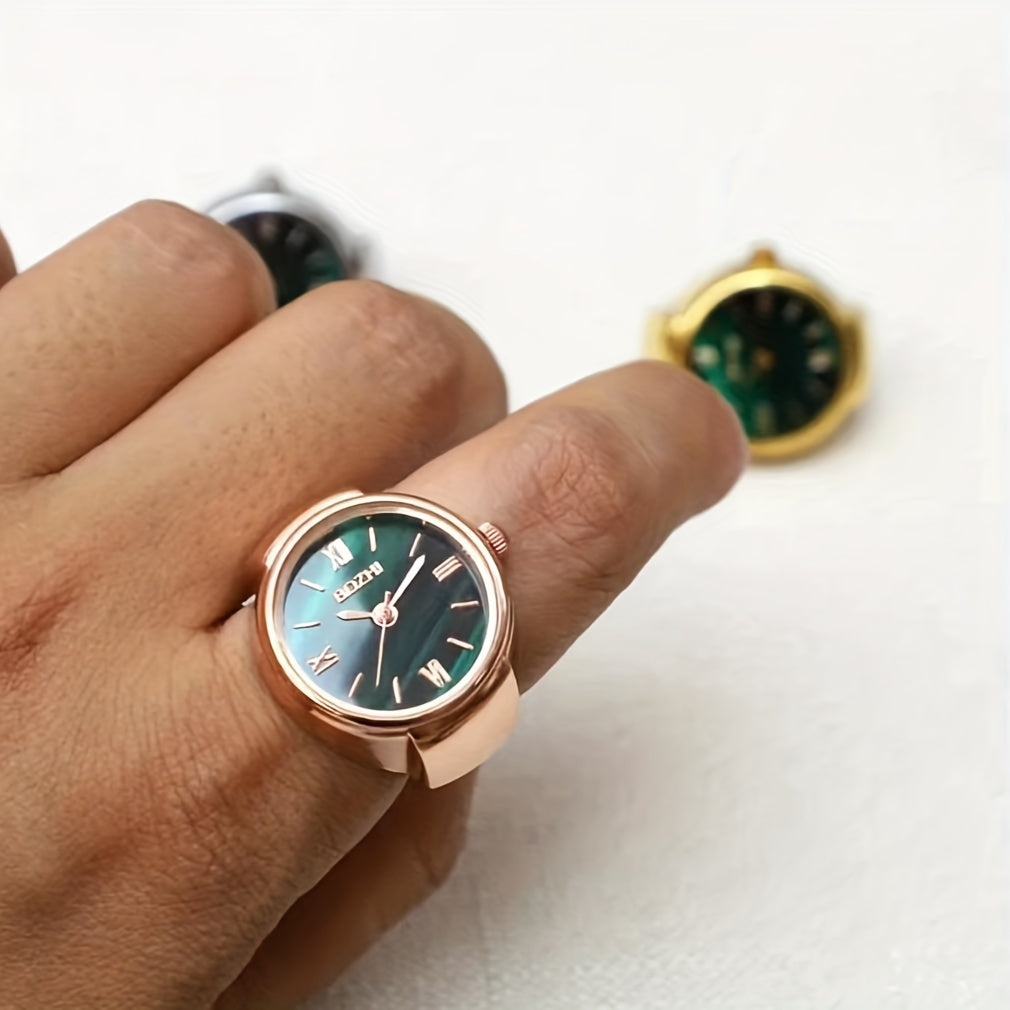 Reloj mini dedo para mujeres, tamaño pequeño, estilo retro en oro rosa, correa verde