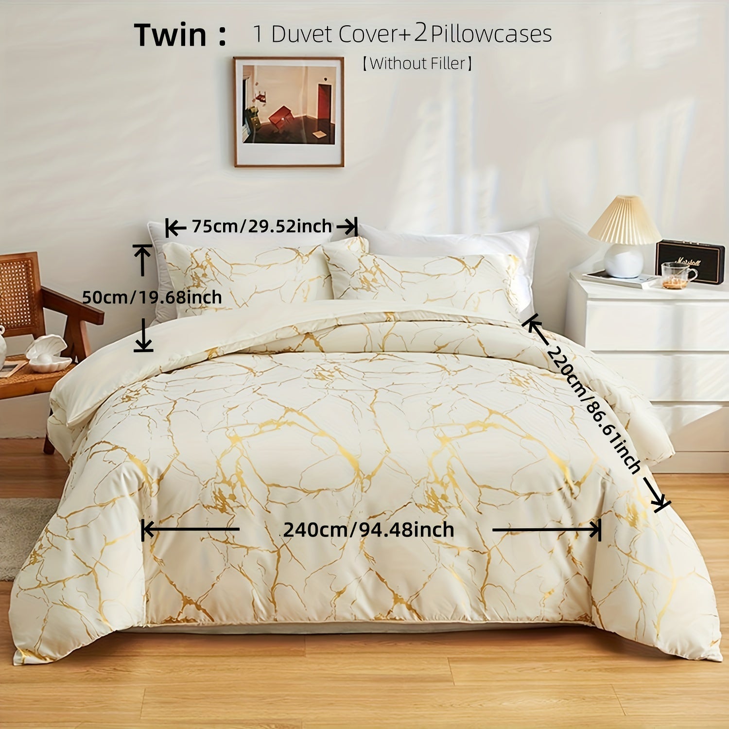 White Marble Pattern Quilt Cover Set with Gold Foil Print 2/3 Pieces Bedding