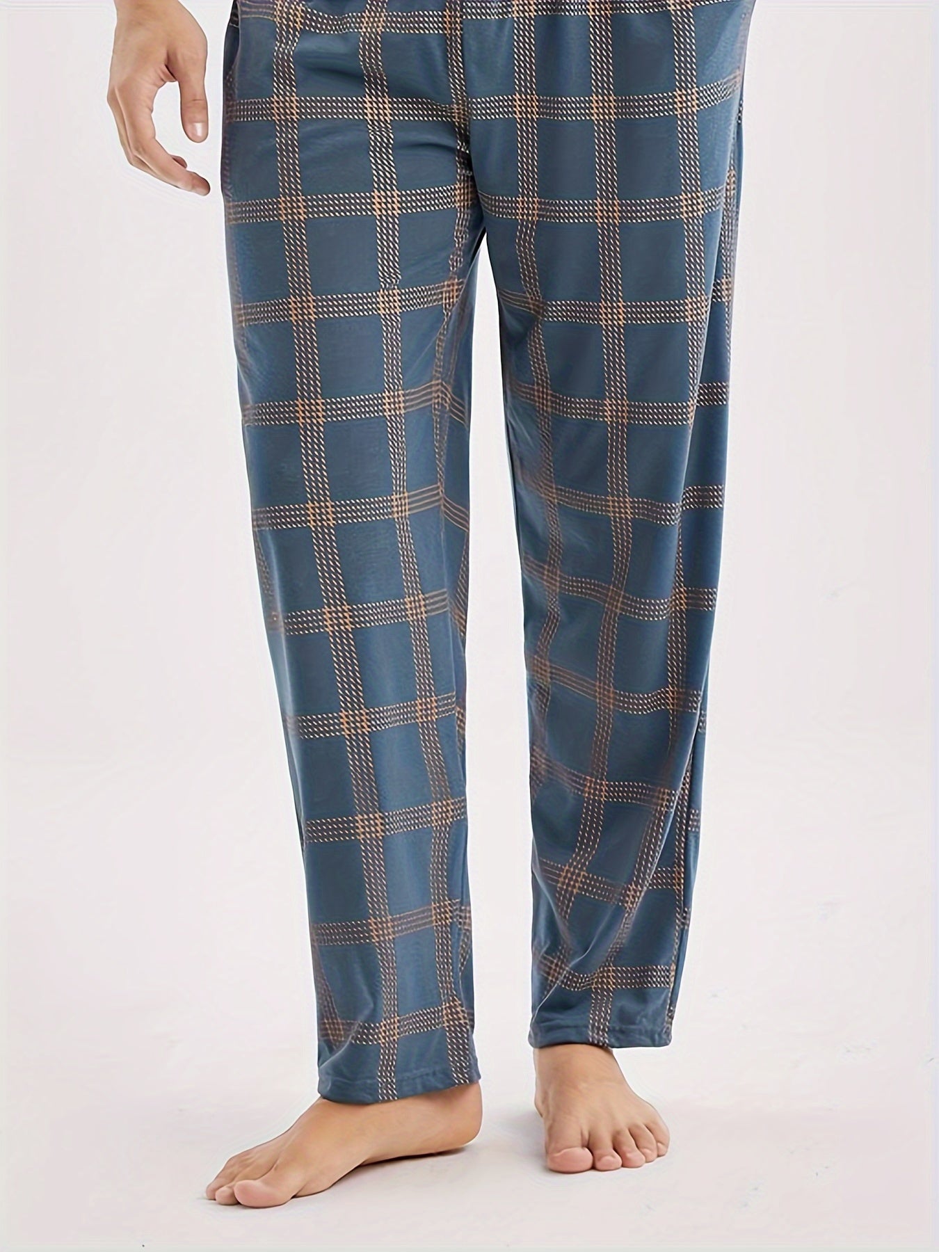 Men's Casual Blue Short Sleeve Top and Plaid Long Pants Loungewear Set Polyester