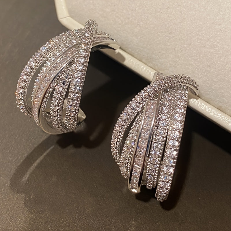 Women's Multi-Layer Earrings with Synthetic Zirconia and C-Shaped Design