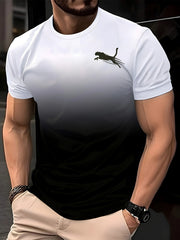 Erkaklar uchun geometrik naqshli yumshoq polyester to'qima matodan tayyorlangan crew neck futbolka, shaffof emas.