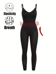 Backless Shaping Jumpsuit with Seamless Design Tummy Control Solid Color Knit Fabric