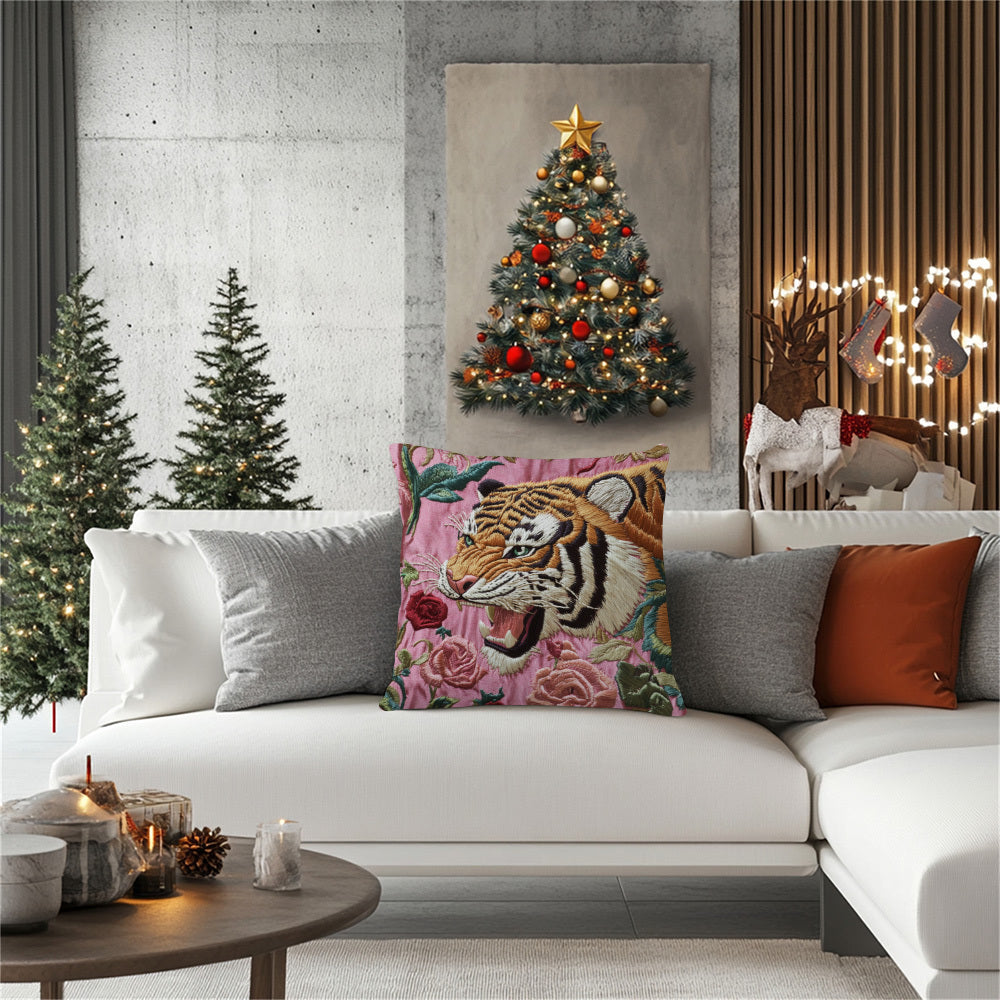 Подушка с вышивкой «Тигр и розы» с двусторонним полиэстеровым чехлом, идеальный праздничный декор для дома на День благодарения и Рождество, совместима с различными стилями - Артикул HJY647