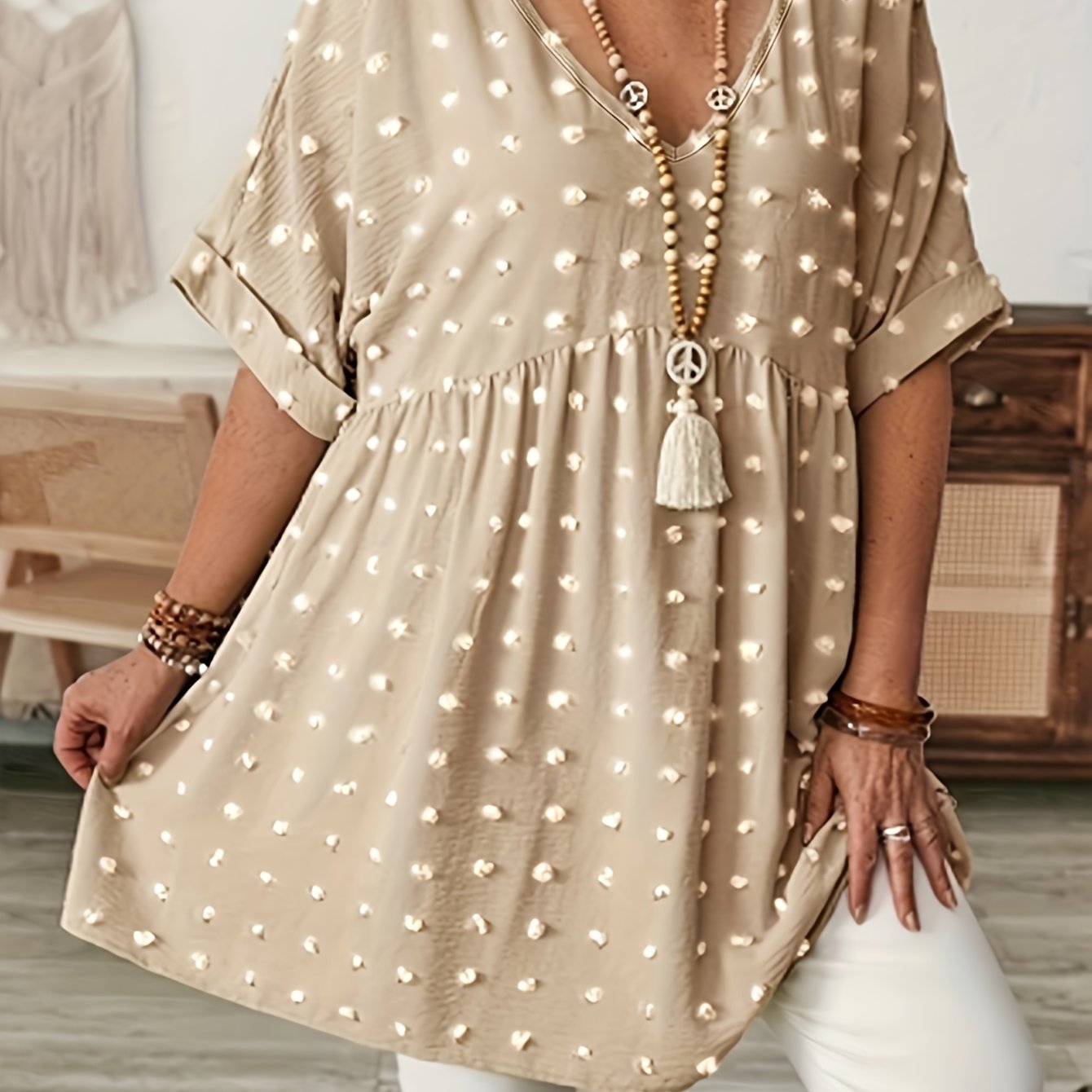 Women's Plus Size V-Neck Batwing Sleeve Blouse Stretchy Polyester Black White Dot