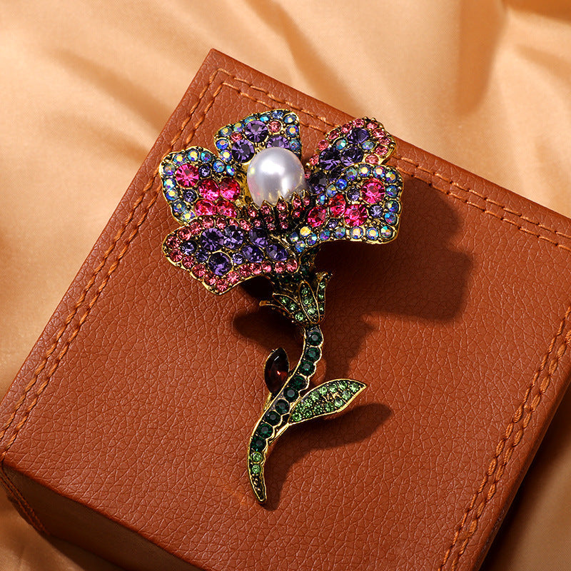 Women's Rose Brooch Pin with Rhinestones Faux Pearl and Tassel Stylish Floral Lapel Pin for Winter Jackets