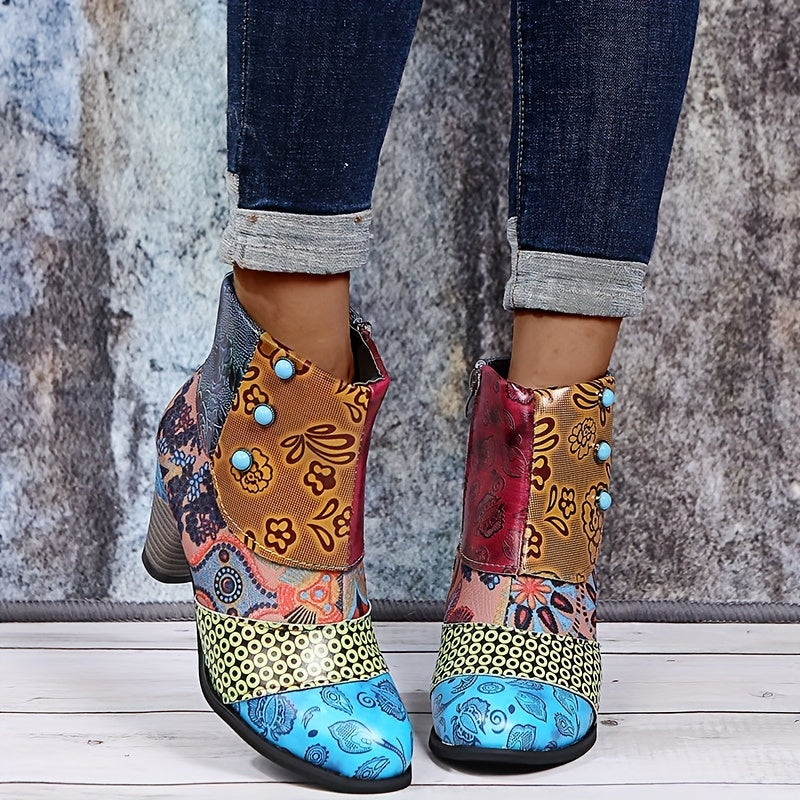 Women's Floral Pattern Ankle Boots with Chunky Heel and Side Zipper