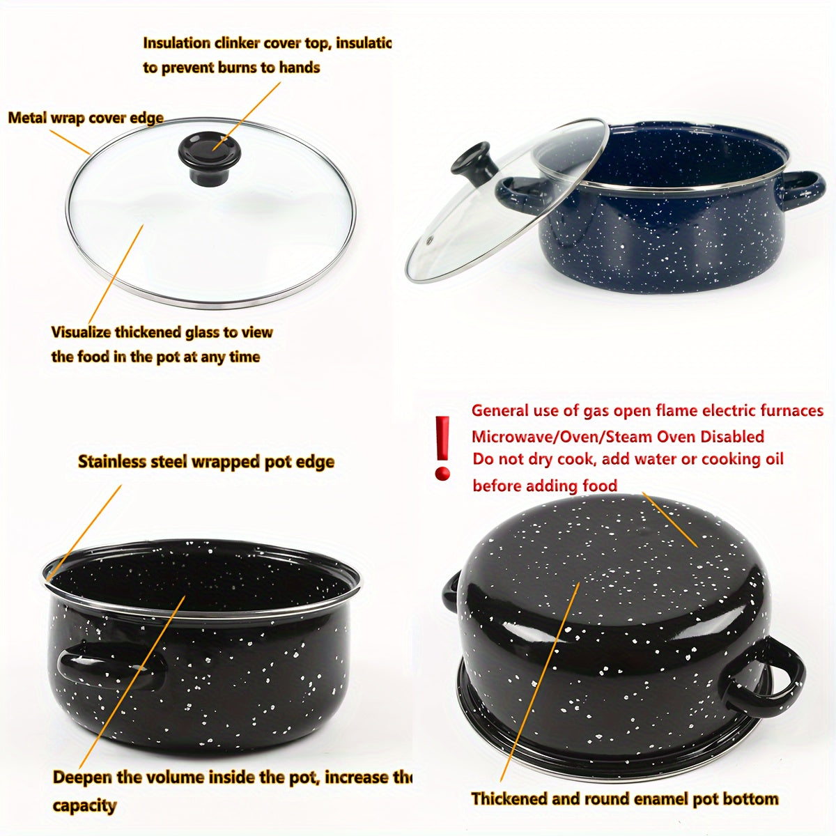 Yengil emalli qozonlar to'plami, 3 ta qism, yopishqoq bo'lmagan oshxona idishlari, sho'rva, qaynash, qovurish uchun