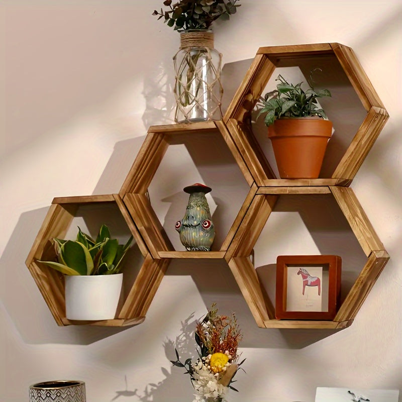 Brown Wood Hexagon Wall Shelf for Bedroom and Living Room Decor