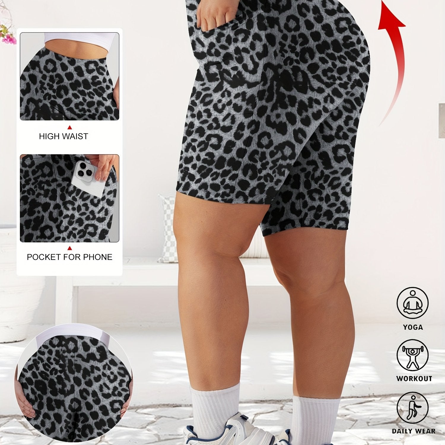 Shorts de mujer de talla grande con cintura alta y estampado de leopardo, elásticos y no transparentes
