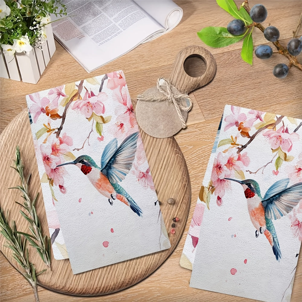 Set Of 2 Ultra Soft Kitchen Towels With Hummingbird Blossom Design 40x60cm