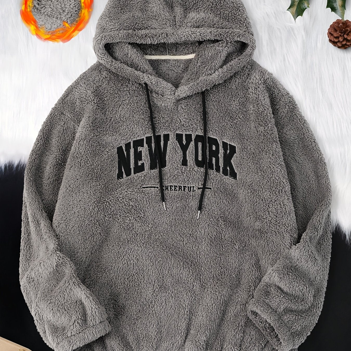 Men's Fleece Hoodie with Drop Shoulder Embroidered New York Winter Fall Back to School