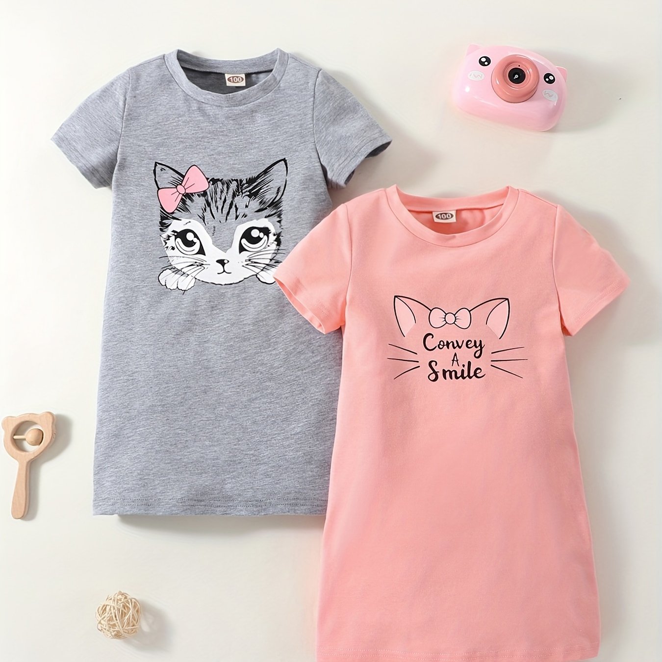 Girls' Cotton Cat Print Dress Set for Summer Casual Wear Age 12 and Under