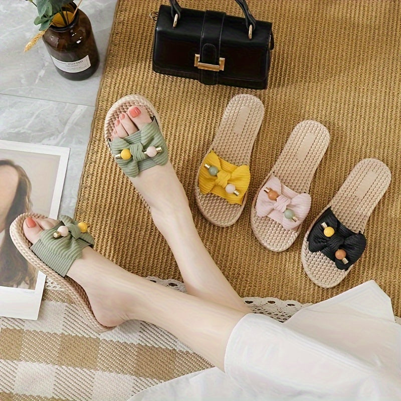 Women's PVC Slip-On Sandals with Bow and Bead Accents Open Toe Flat Heel Beach Wear