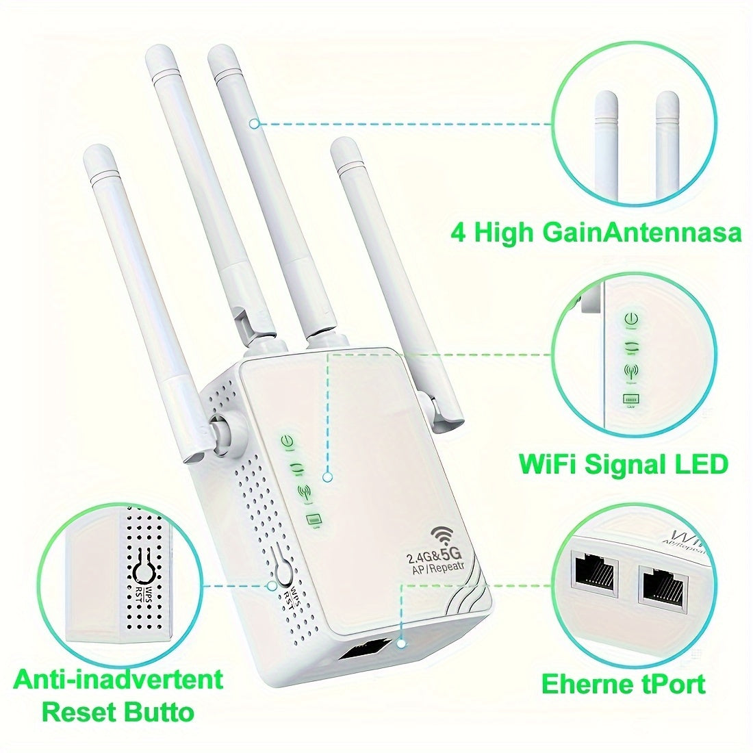 WiFi Extender Dual Band 2.4G 5G with 4 Antennas Ethernet Support for Home Use