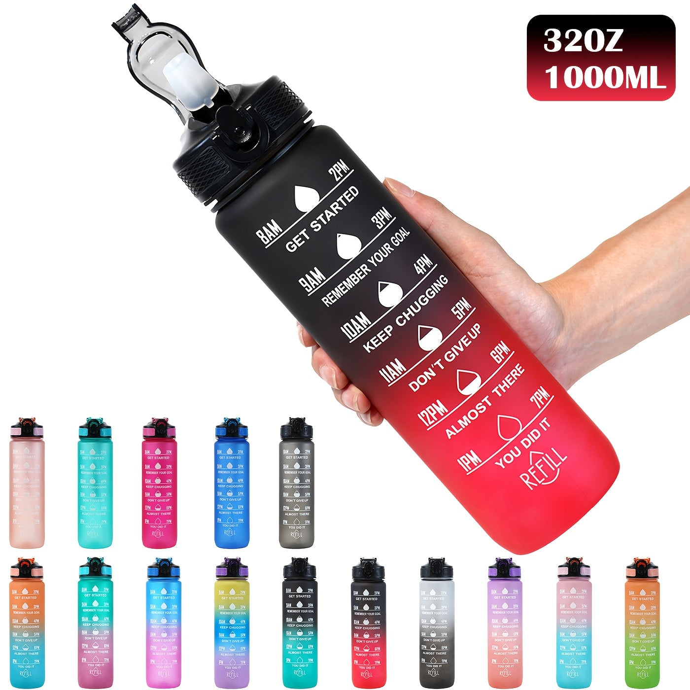 32oz Leak-Proof Gradient Water Bottle with Carry Strap for Hiking and Active Use