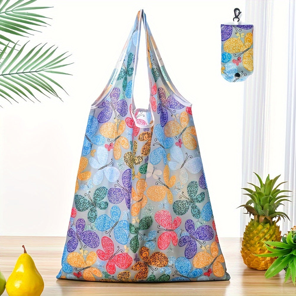 Large Foldable Tote Bag with Floral Pattern, Durable Polyester, Reusable Shopping