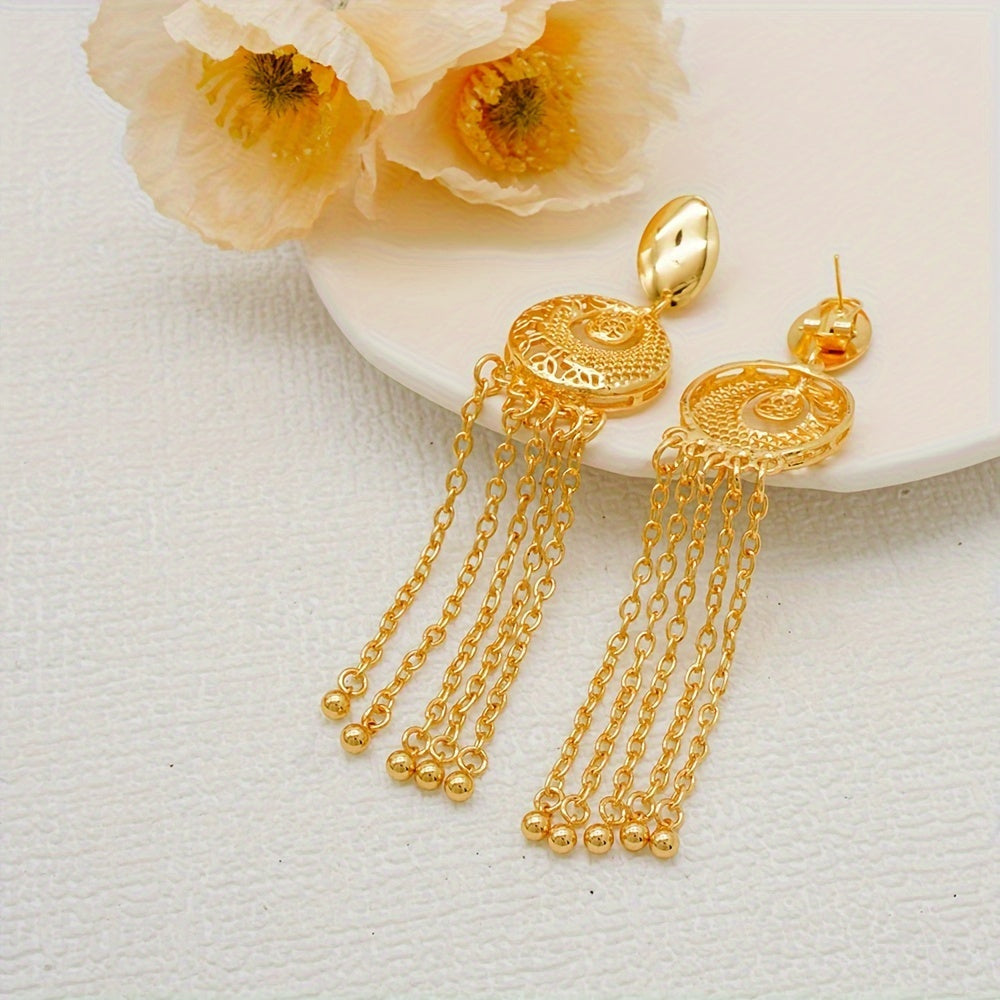 Elegant Gold Plated Jewelry Set with Tassel Necklace Earrings Bracelet Ring for Weddings