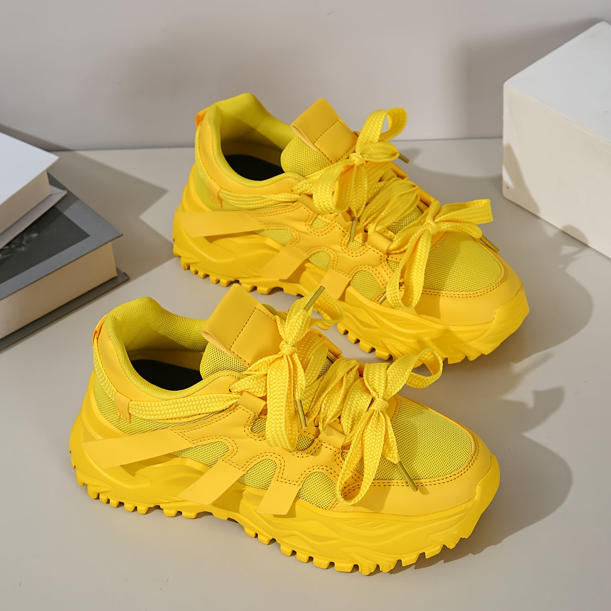 Ladies Casual Chunky Sneakers Bright Yellow Wide Lace-Up Athletic Shoes