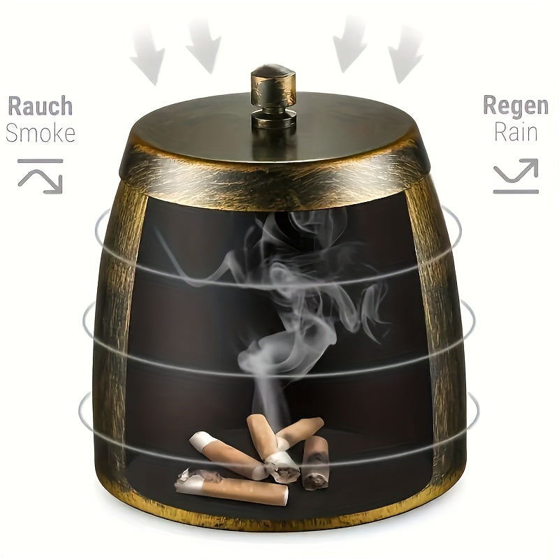 Elegant Windproof Iron Ashtray with Wood Grain Lid for Outdoor Use