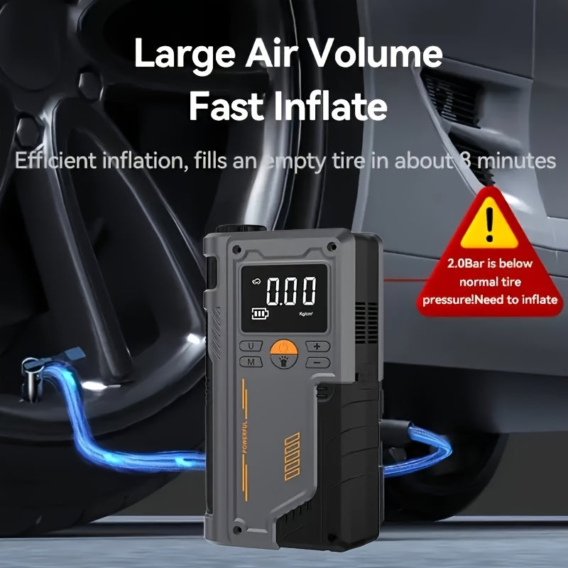 Portable Tire Inflator and Car Jump Starter with Lithium Battery and One-Click Air Pump