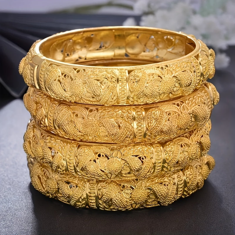 Set of 4 Vintage Floral Copper Hollow Bangles for Women Wedding Engagement