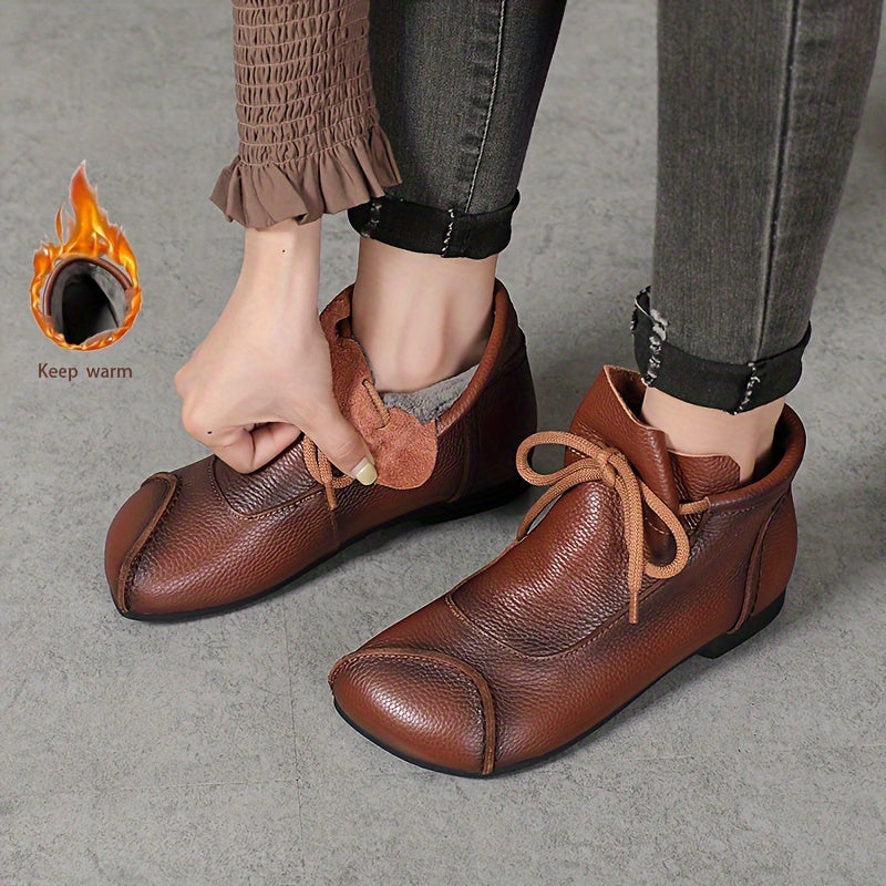 Botines de tobillo para mujer negro, marrón y burdeos de cuero de vaca, forro de felpa acogedora, casuales, planos, con slip-on