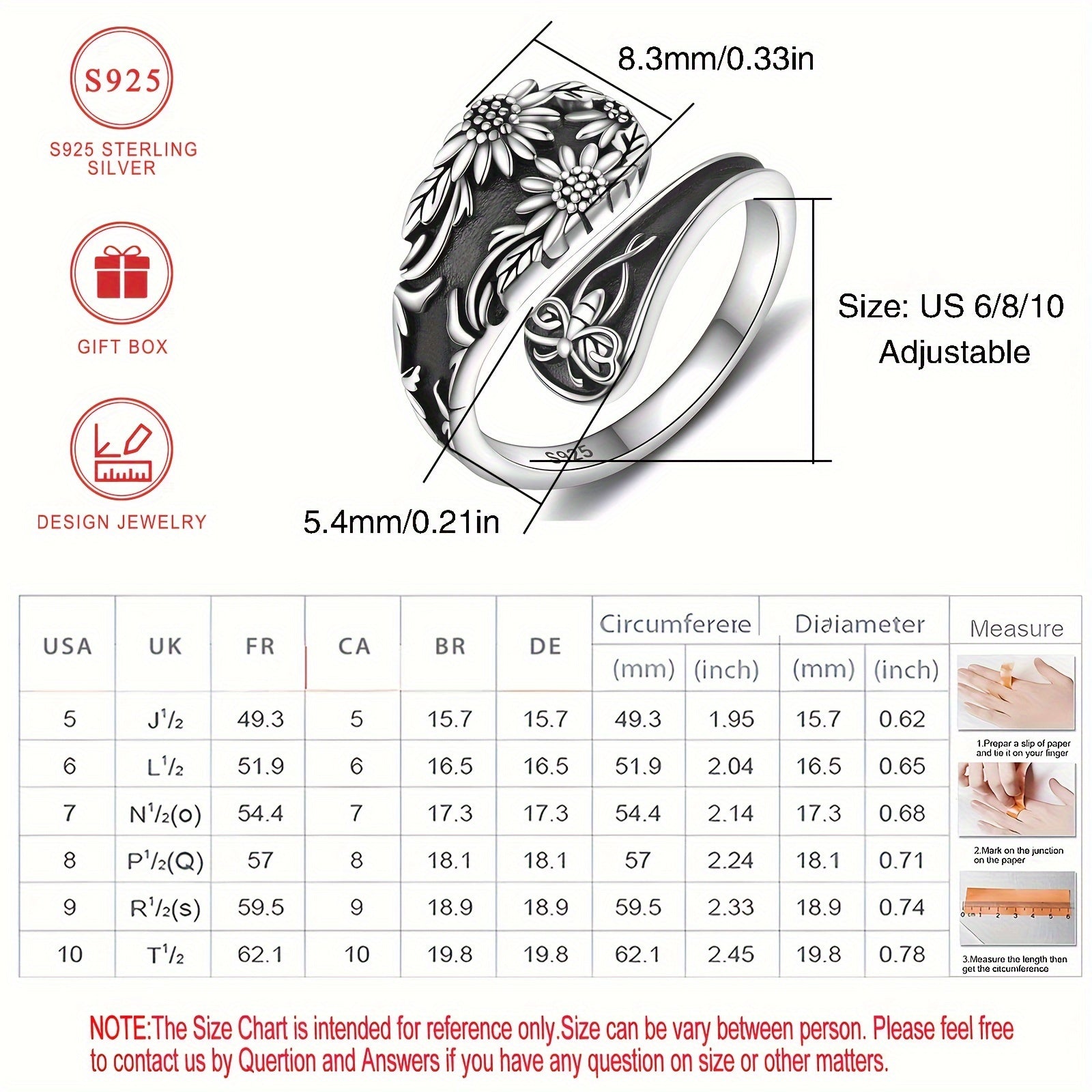 "Sterling Silver qoshiq halqa, quyosh gul va chamomile dizayni - Vintage Bohemian uslubi, kapalak va gullar o'yilgan, gippoallergen, sovg'a qutisi bilan birga - Onalar kuni va har kuni kiyish uchun ideal"