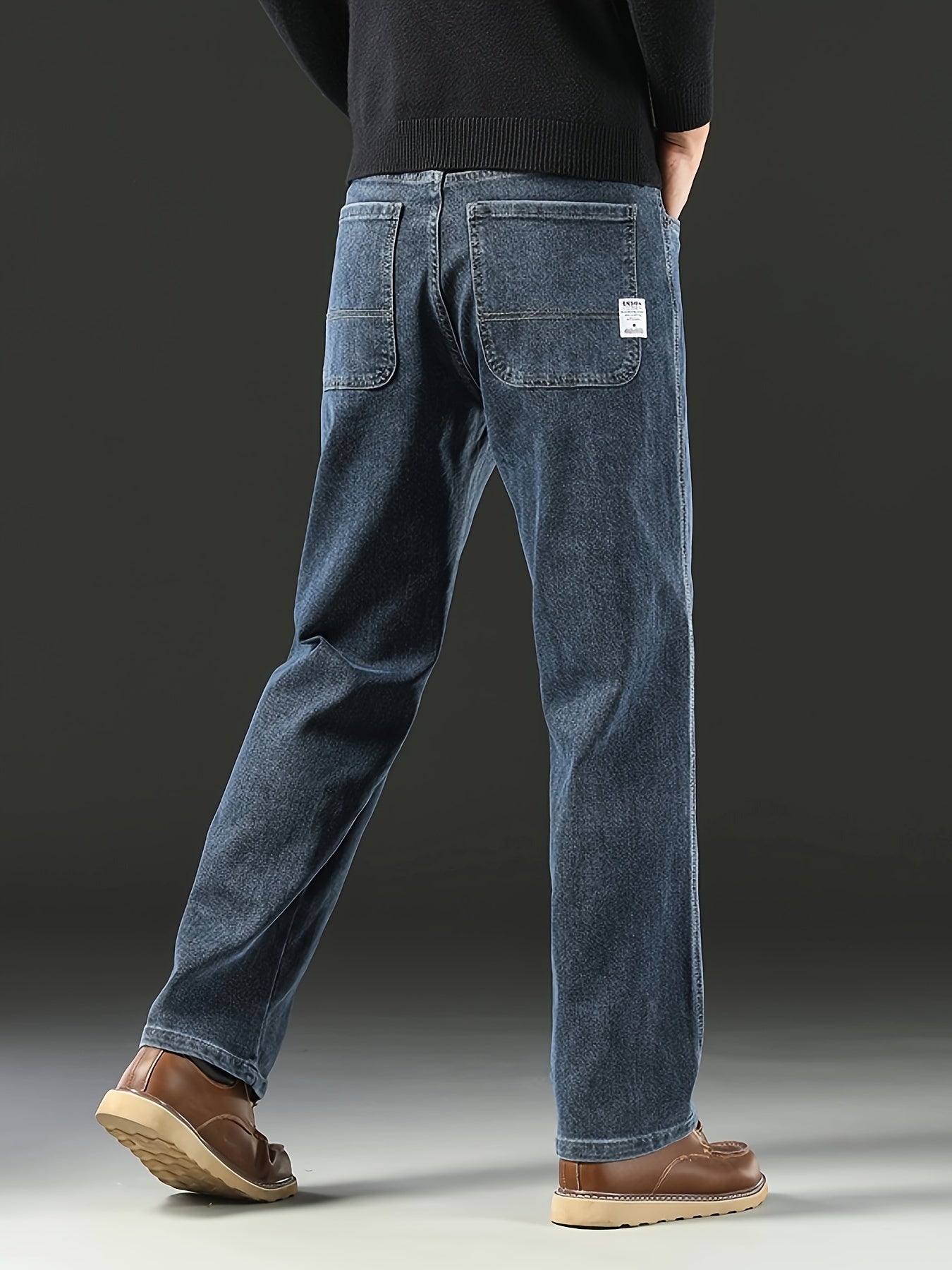 Erkaklar uchun klassik kesimli denim jinsi - Har mavsumga mos paxta aralashmasi, bir rangli yuvilgan oddiy uzunlikdagi shimlar, biznes va dam olish uchun qulay cho'ziladigan qalin tasodifiy shimlar, to'g'ri oyoq modasi