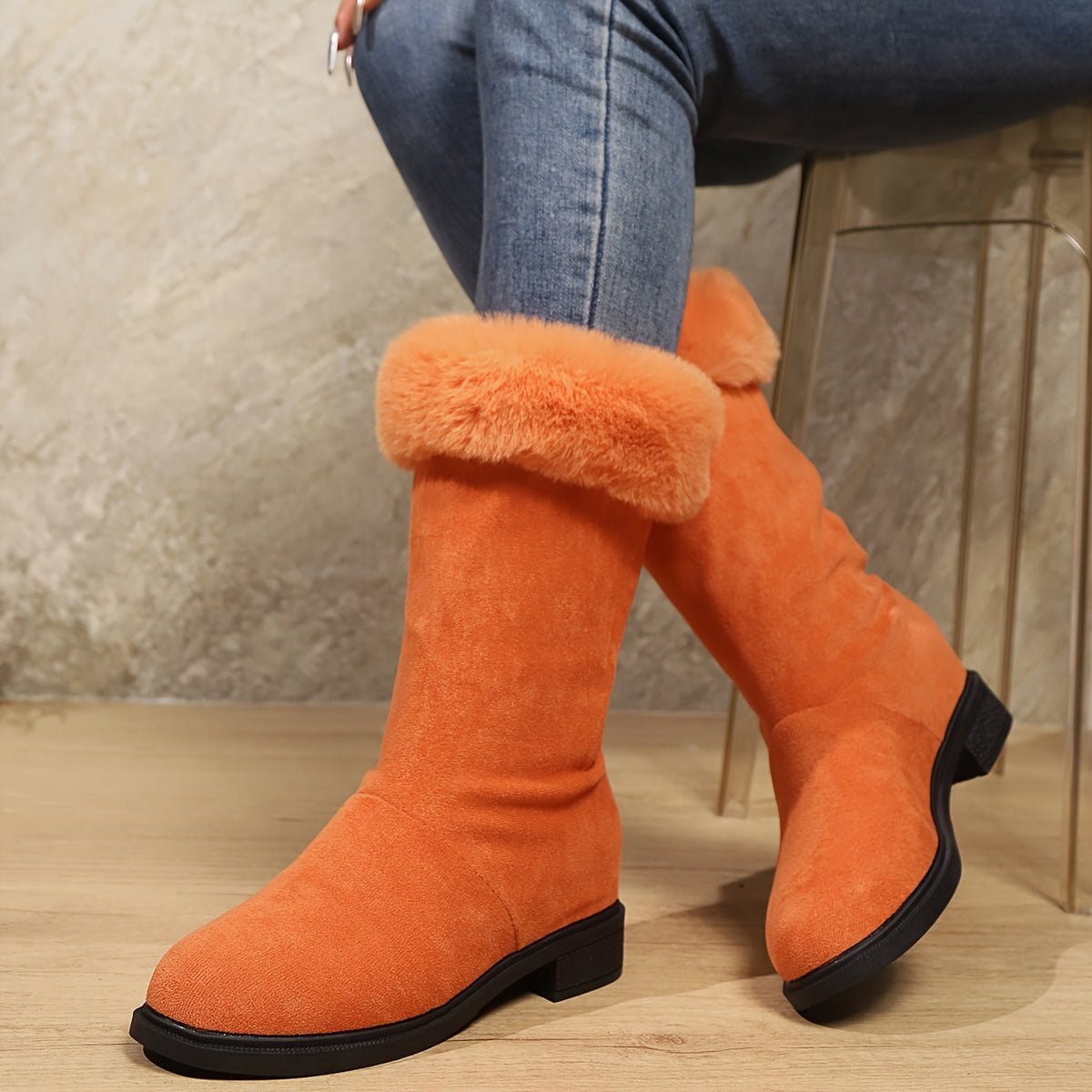 Women's Winter Mid-Calf Boots Soft Plush Cuff Slip-On Platform Waterproof