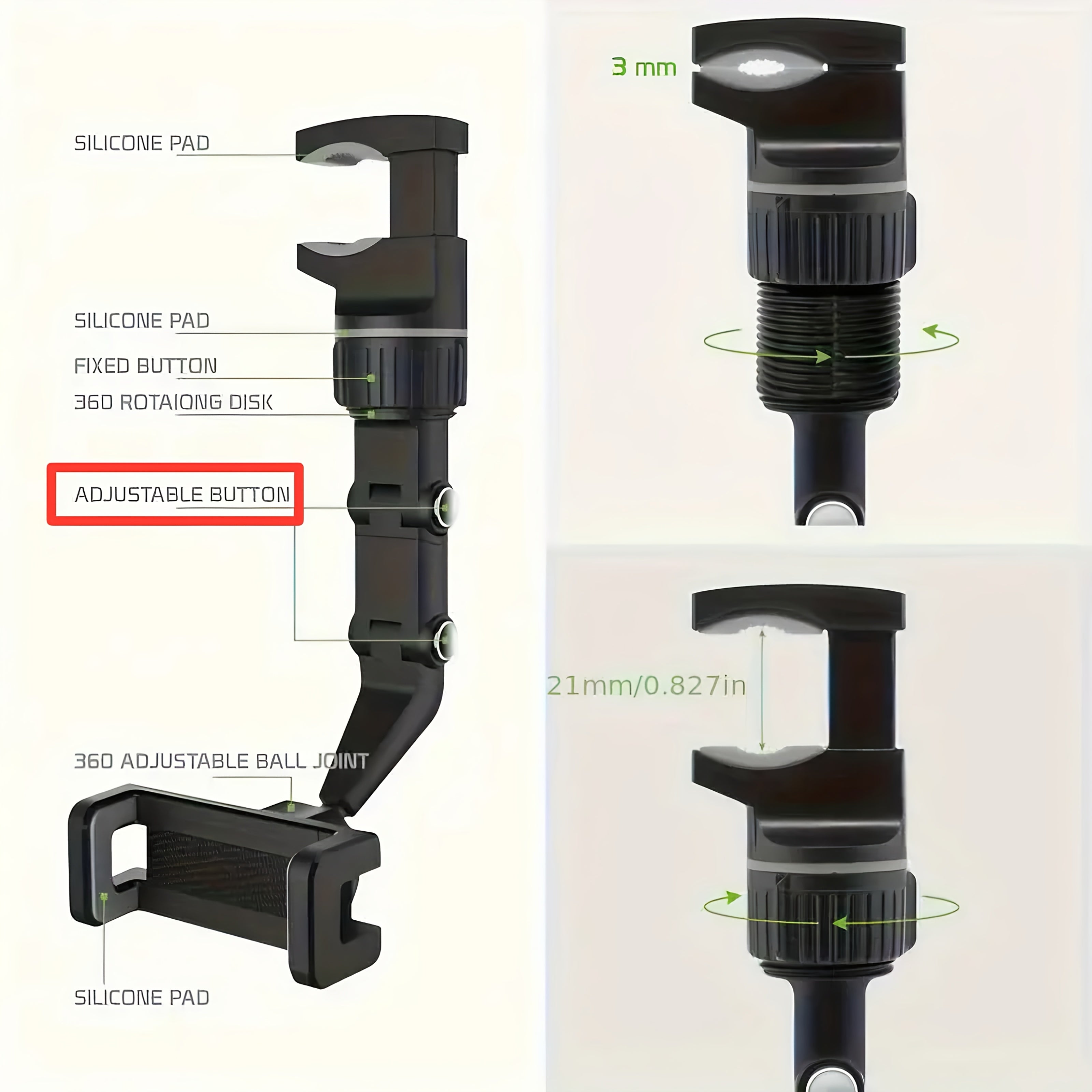 Universal 360° buriladigan avtomobil telefon qoʻyish uchun ABS sozlanadigan balandlik, kompakt dizayn