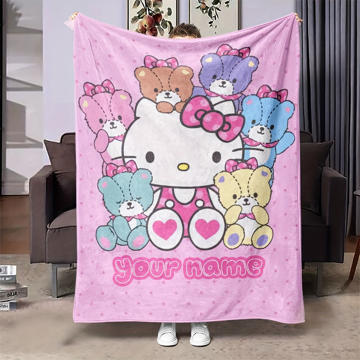 Personalized Hello Kitty Cartoon Flannel Blanket Soft Cozy Throw for Kids and Adults