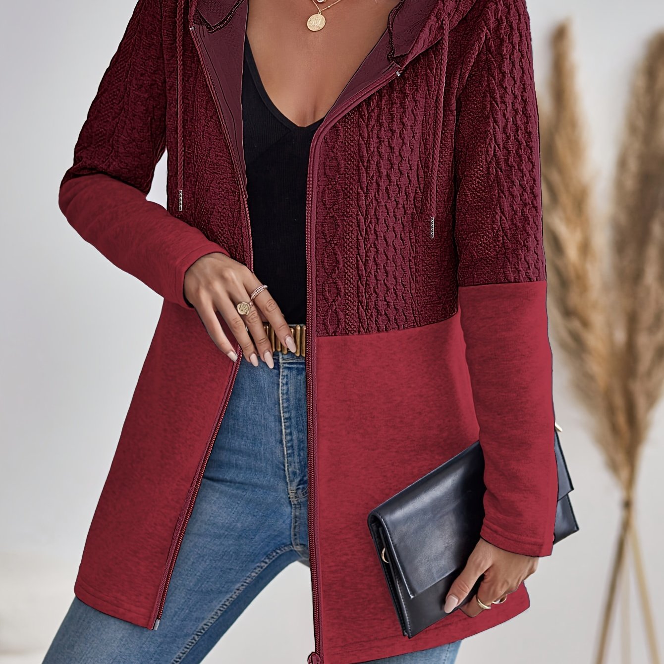 Women's Gray Hooded Cardigan Polyester Zipper Solid Color All Season