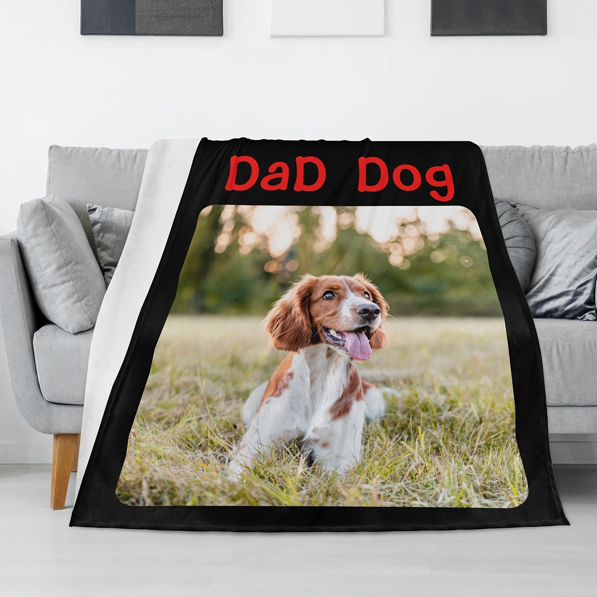 Personalized Dog Dad Blanket Flannel Pet Throw Black Custom Photo Message Gift