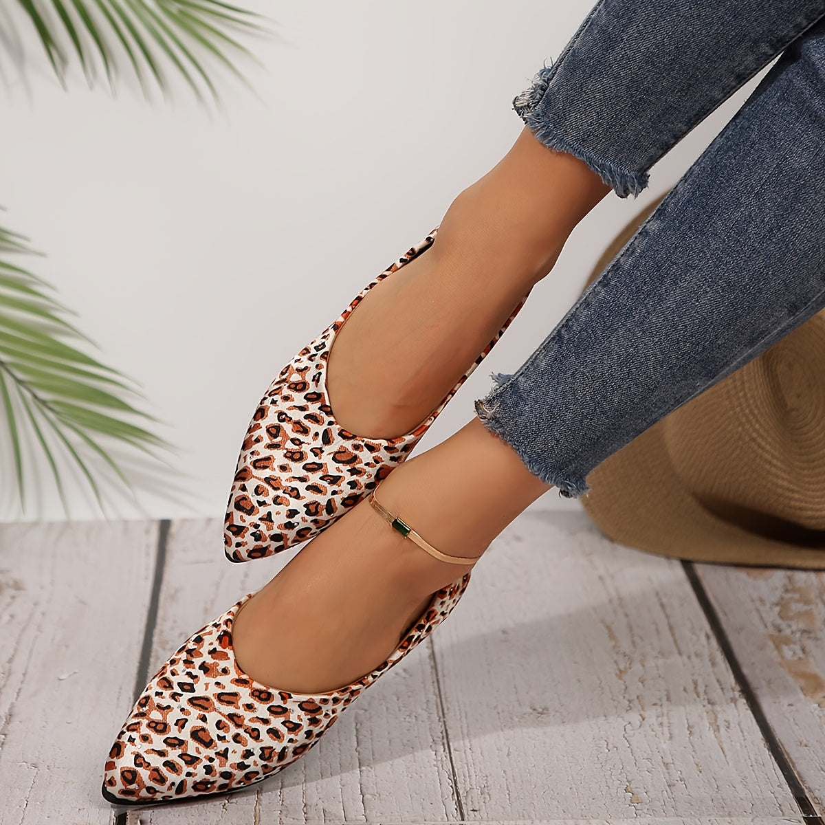 Women's Leopard Print Mary Jane Flats Pointed Toe Slip-On Shoes