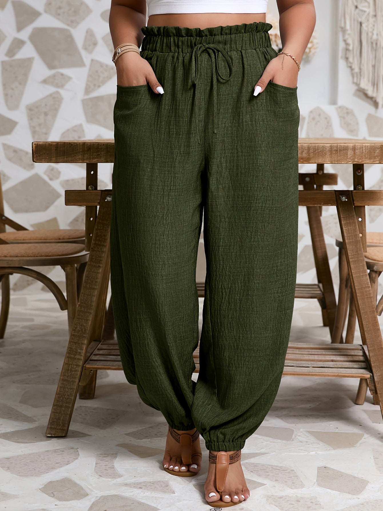 Women's Gray Harem Pants with Tie Waist and Ruffled Cuffs Polyester