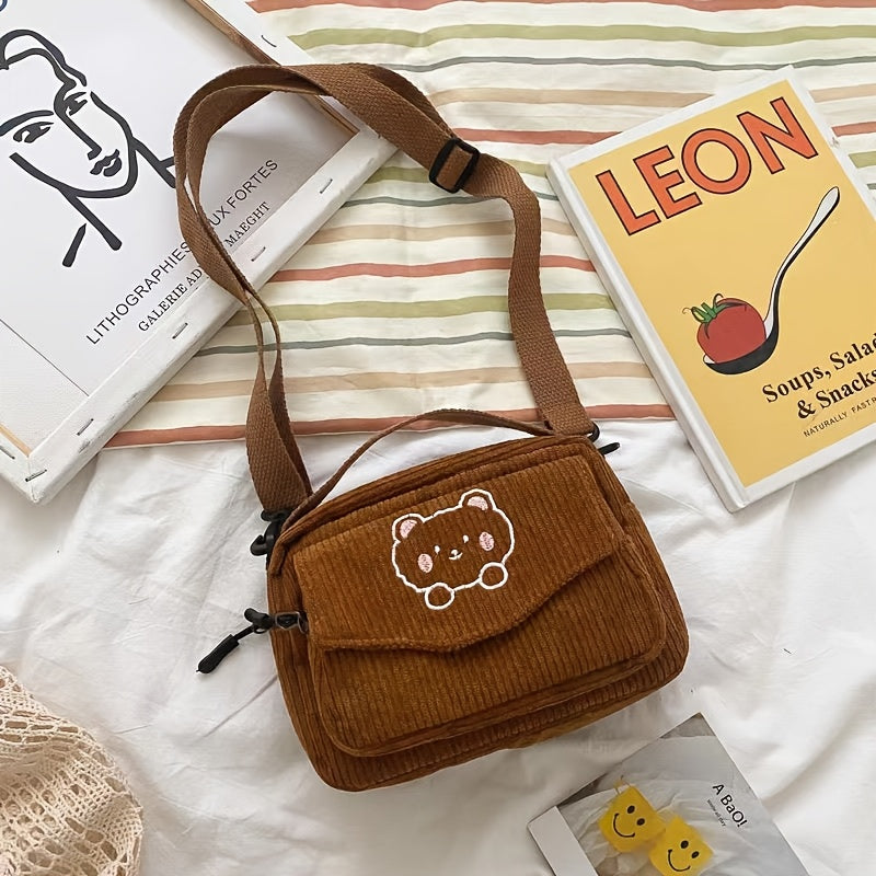 Corduroy Messenger Bag with Embroidered Cartoon Bear Removable Strap Crossbody Zipper Closure