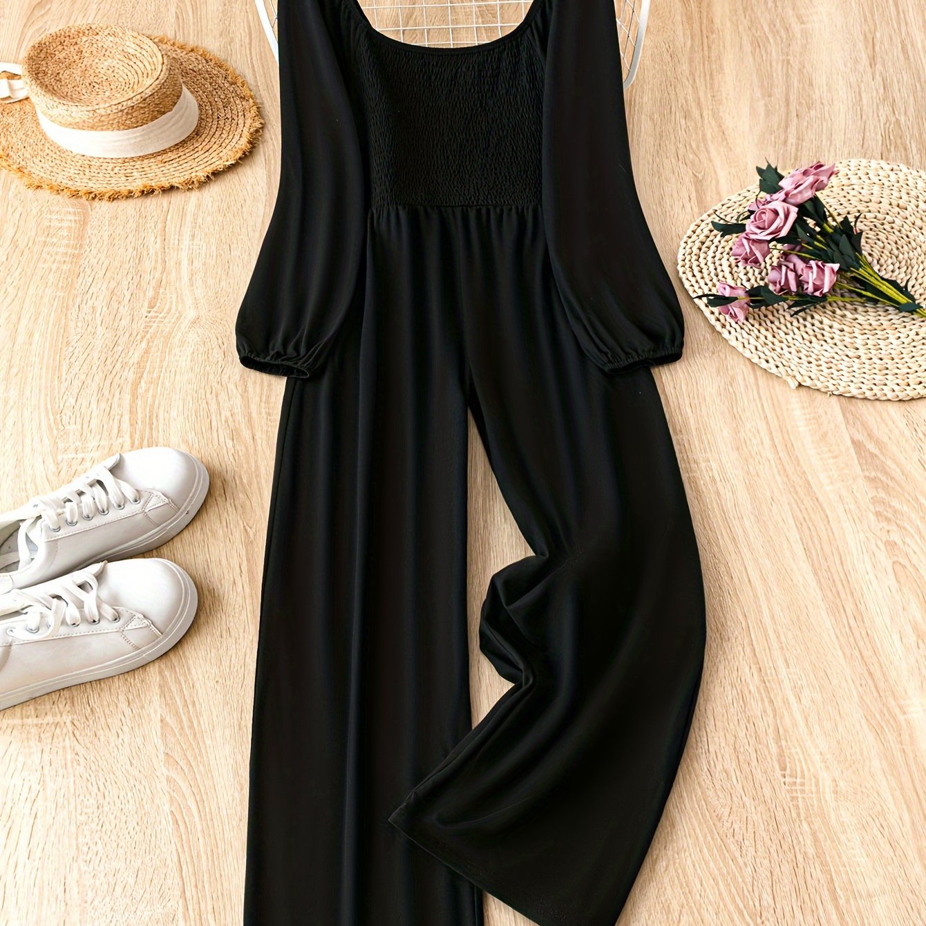 Women's Black Geometric Pattern Square Neck Off-Shoulder Jumpsuit with Stretch Polyester