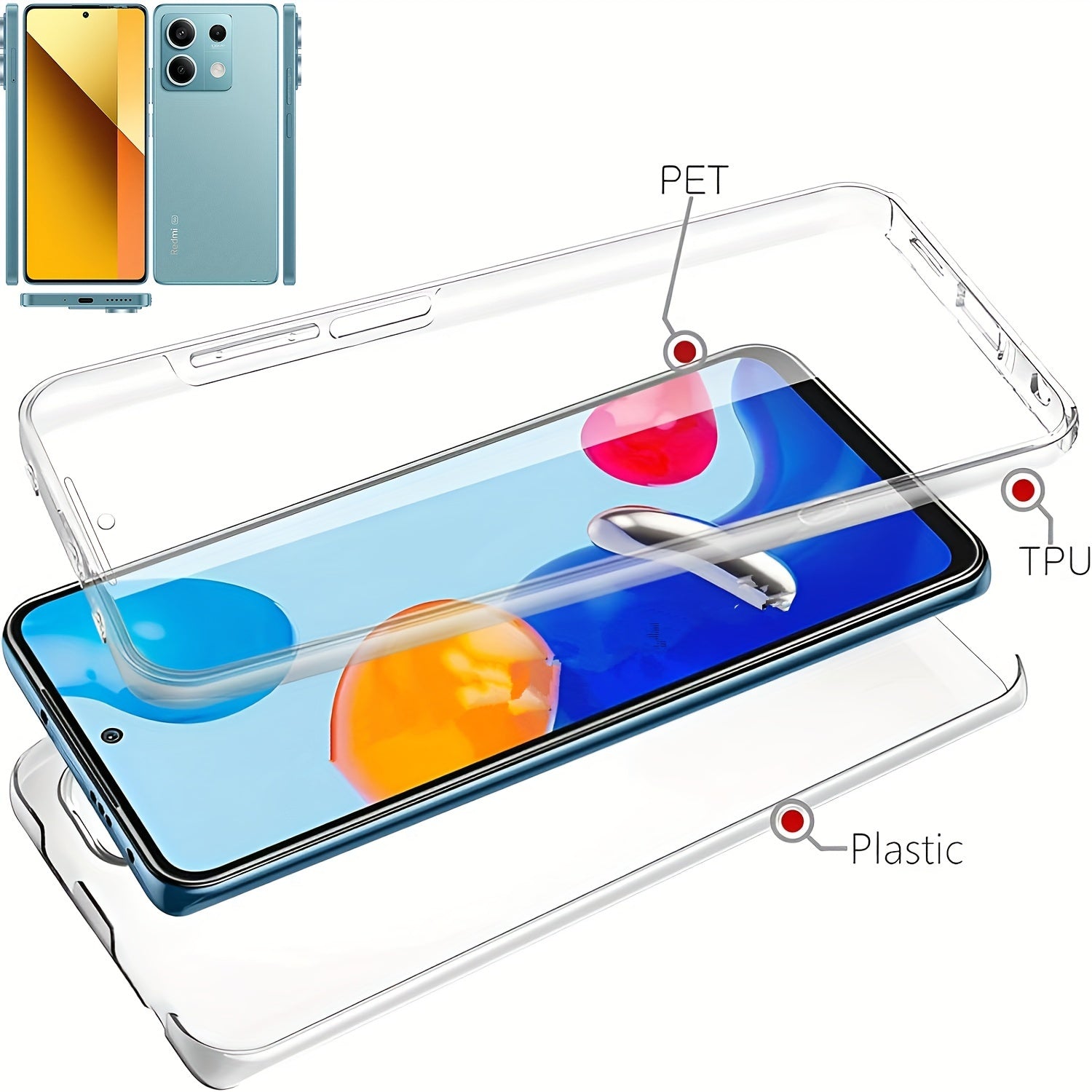360 Full Body Phone Case for Xiaomi Models with Double Transparent Cover and Screen Protector