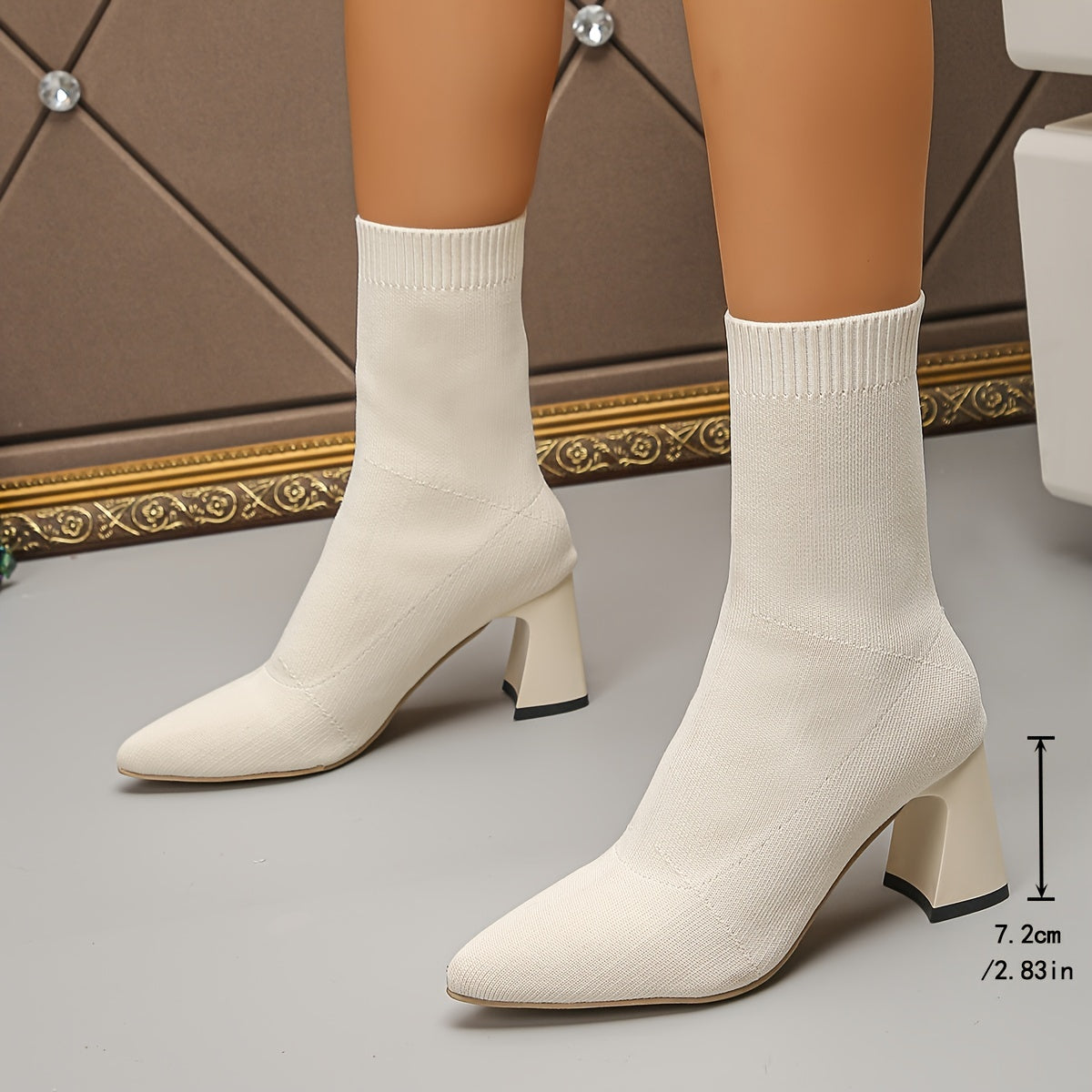 Women's Knit Ankle Boots with Chunky Mid-Heel Slip-On Pointed Toe