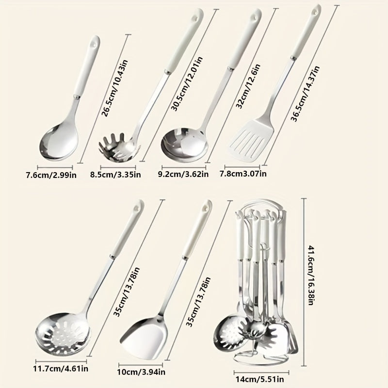 Stainless Steel Kitchen Utensil Set 7 Pieces with Ceramic Handles Cooking Spoon Shovel