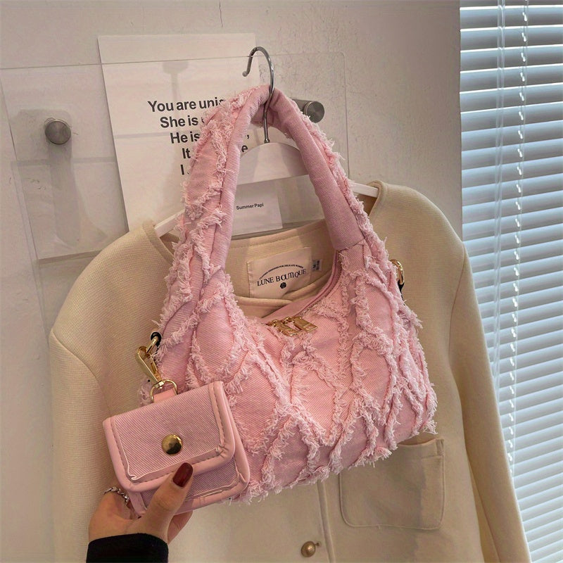 Light Blue Denim Shoulder Bag with Diamond Pattern and Fringe Detail