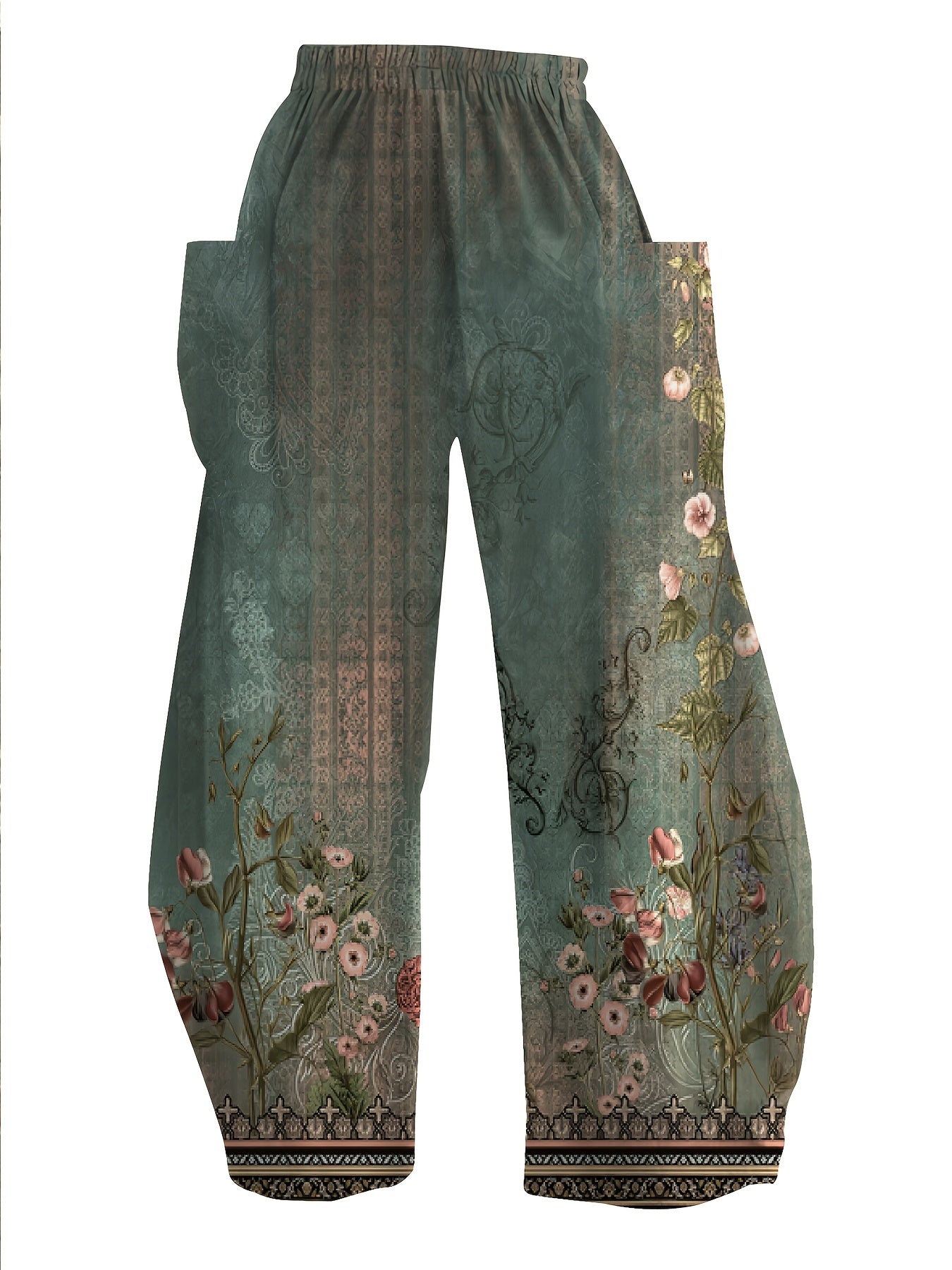 Plus-Size Women’s Wide-Leg Floral Print Pants with Pockets