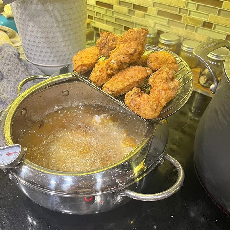 Tuproq qovurish panasi 19.99cm, zanglamaydigan po'lat, termometr bilan qopqog'i, tomchi qopqog'i, friz, qisqichbaqa, qanotlar uchun drip rack