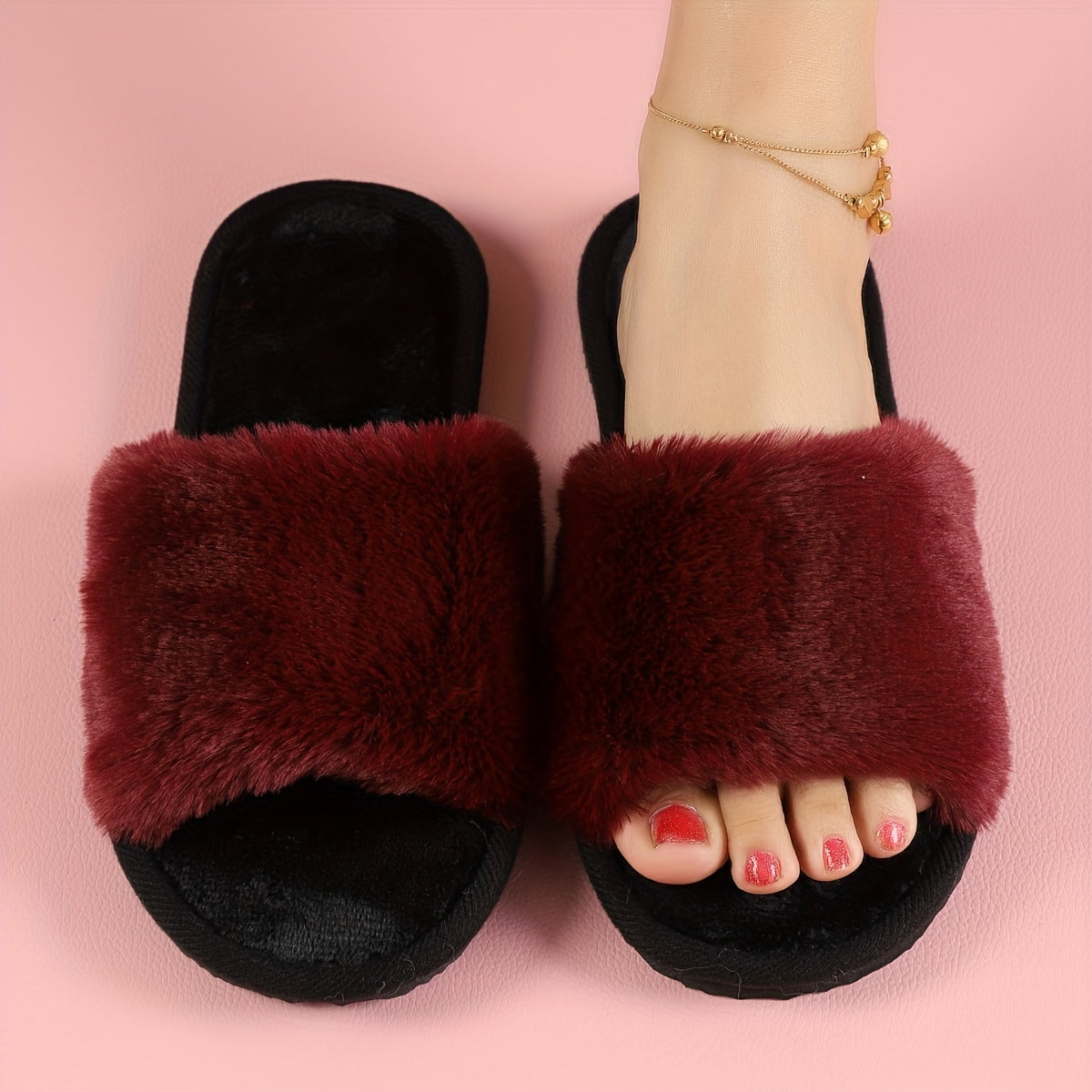 Zapatillas de pelo sintético para mujer, de temporada, con tejido y suela de EVA